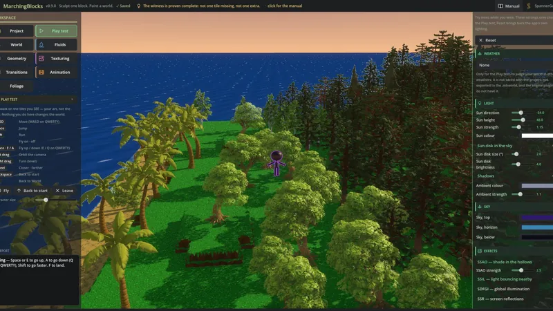 Play test: flying over the painted coast, palms and forest planted with the Foliage brush