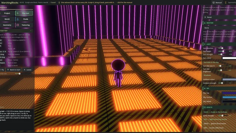 Play test: a space station built from three layers; emissive, animated materials glow